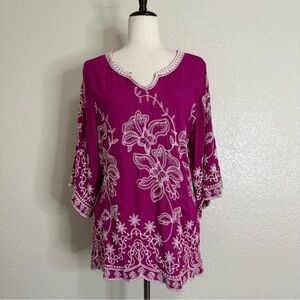 Solitaire Boho Floral Embroidered 3/4 Sleeves Tunic Top, Sz Medium